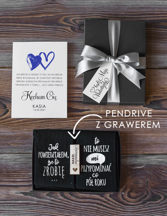 Walentynki prezent na Walentynki dla Niego  prezent na walentynki dla chłopaka śmieszne skarpetki i praktyczny pendrive z grawerem  05/pudpap/Walentynki