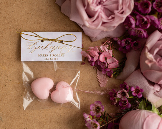 Podziękowania dla Gości Weselnych Mydełka Świece Zawieszki sojowe pomysłowe podziękowania dla gości weselnych różowe mydełka serduszka, upominki dla Gości od Młodej P 02/akrylwel/mydelko