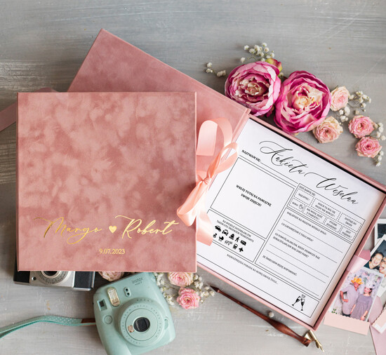 Ankiety weselne ankiety w pudełkach  Księga gości z ankietami i miejscem na zdjęcie, ankiety weselne welurowe pudełko, pomysł na księgę w 03/ankwel/ankieta