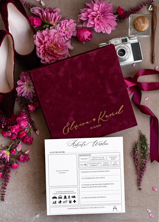 Ankiety weselne ankiety w pudełkach  Bordowa Ankieta Weselna Dla Gości Pamiątka Ze Ślubu, Bordowa Ankieta Weselna Zamknięta W Welurowym P 13/ankwel/ankieta