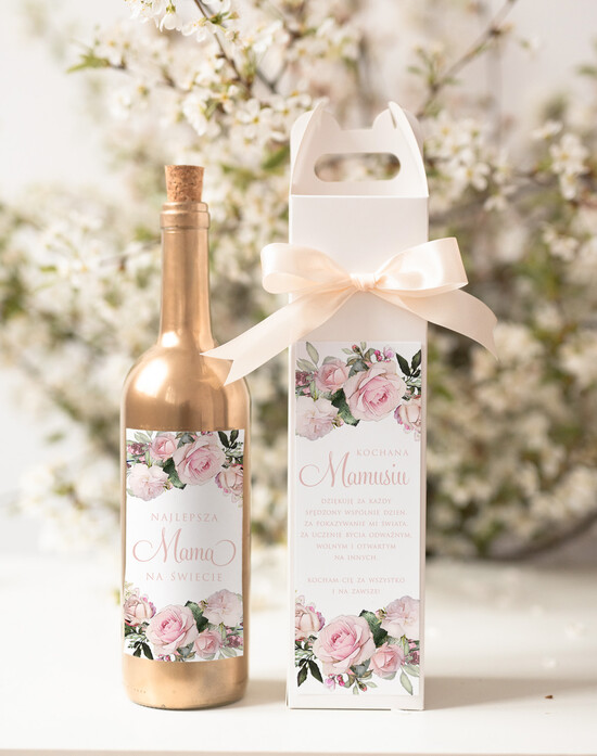 Prezenty dla Mamy zestawy w welurowych i ozdobnych pudełkach  pomysł na prezent dla Mamy na urodziny, Opakowanie i nalepka na wino - życzenia na dzien mamy 01/pudwin/DLAMAMY