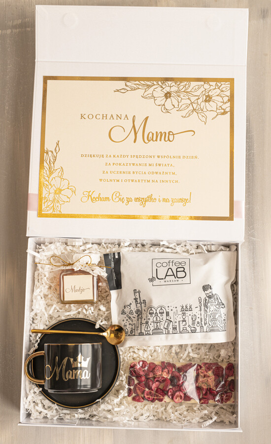 Prezenty dla Mamy zestawy w welurowych i ozdobnych pudełkach  elegancki prezent na dzień mamy zestaw kawowych przyjemności, box prezentowy dla mamy z filiżanką, p 07/boxNow/DLAMAMY