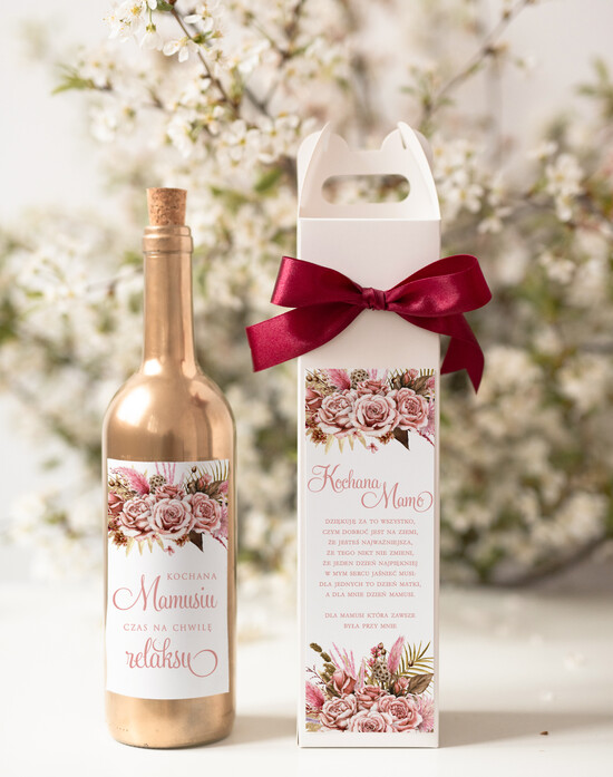 Prezenty dla Mamy zestawy w welurowych i ozdobnych pudełkach  pomysł na prezent dla Mamy na urodziny, Opakowanie i nalepka na wino - życzenia na dzien mamy   03/pudwin/DLAMAMY