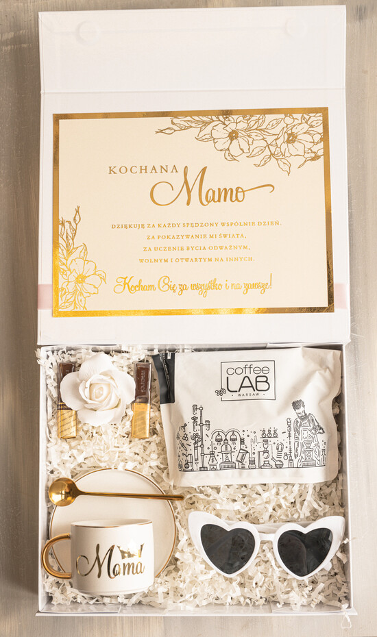 Prezenty dla Mamy zestawy w welurowych i ozdobnych pudełkach  fajne prezenty dla mamy, pudełko z filiżanką i kawą gotowy do wręczenia prezent dla mamy, czarna fil 13/boxNow/DLAMAMY