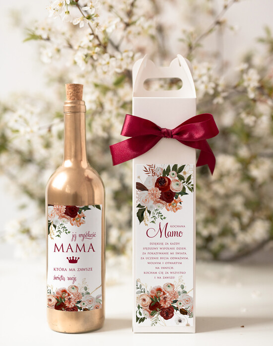 Prezenty dla Mamy zestawy w welurowych i ozdobnych pudełkach  pomysł na prezent dla Mamy na urodziny, Opakowanie i nalepka na wino - życzenia na dzien mamy  04/pudwin/DLAMAMY
