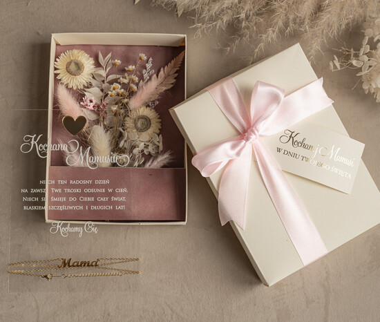Prezenty dla Mamy biżuteria, pudełka, szkatułki na biżuterie  łańcuszek dla Mamy eleganckie pudełko z kwiatami i życzeniami dla Mamy, flower box, prezent dla Mamy 01/Biz/Mama