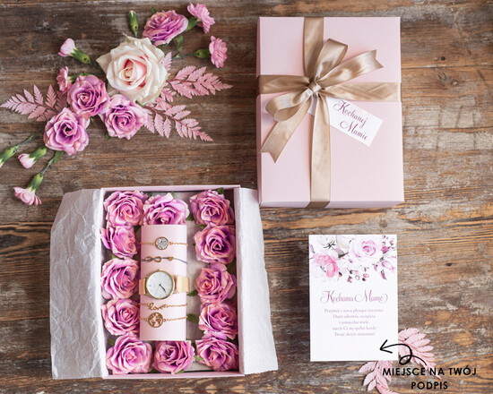 Prezenty dla Mamy biżuteria, pudełka, szkatułki na biżuterie  Prezent na Dzień Mamy Zegarek i bransoletki love i nieskończoność Upominek Dla Mamy Flowerbox z biżu 04/zegB/DLAMAMY