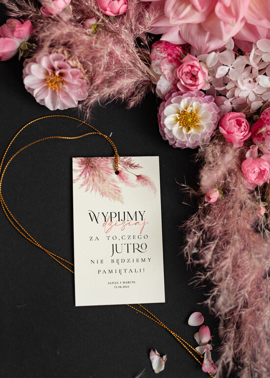 Zawieszki na butelki Minimalistyczne etykieta na wódkę weselną złote napisy zawieszki na butelki z waszą treścią, zawieszka na butelkę, z 01/pampas/zw