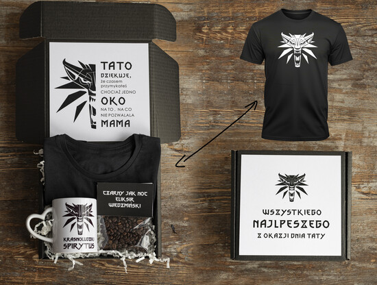 Prezenty dla Taty dzien ojca zestawy dla Taty pomysł na prezent z okazji dnia Ojca, pudełko prezentowe koszulka z wilkiem, tematyczne prezenty dla 04/boxKarK/Tata