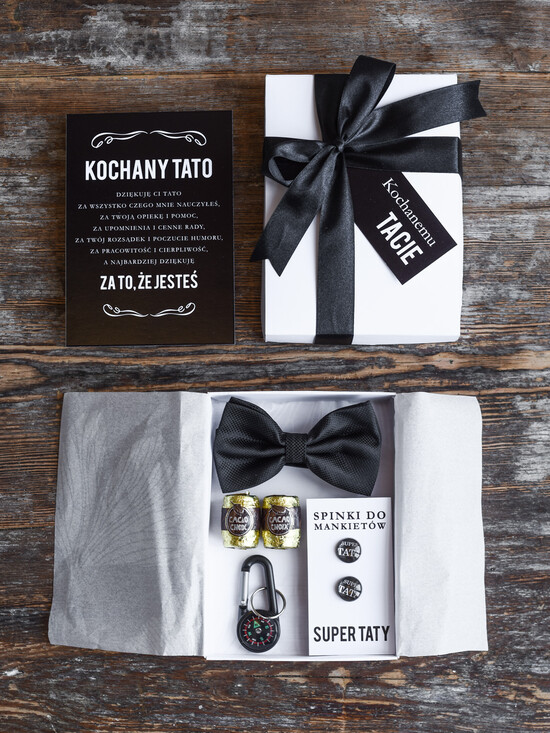 Prezenty dla Taty dzien ojca zestawy dla Taty dzień Ojca pomysł na prezent z okazji dnia ojca satynowa mucha spinki do mankietu  09/pudM/TATA