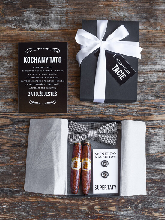 Prezenty dla Taty dzien ojca zestawy dla Taty prezent dla Taty na każdą okazję box prezentowy mucha i spinki do mankietu  04/pudM/TATA