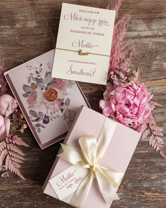 Prezenty dla świadków bransoletki i biżuteria dla świadkowej  Prośba o Świadkowanie bransoletka love w pudełku Prezent dla Świadkowej - Czy Zostaniesz moja Świadk 06/BRApud/boxswiad