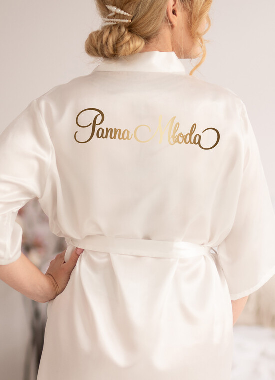 Szlafroki Ślubne z Napisami Szlafrok Ślubny dla Panny Młodej  Satynowy Szlafrok Ślubny z Imieniem Panny Młodej, Satynowa podomka Ślubna złote literki 25/SATszl/szlafrok