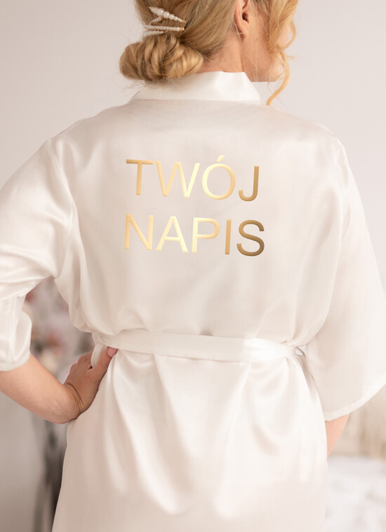 Szlafroki Ślubne z Napisami Szlafrok Ślubny dla Panny Młodej  Satynowy Szlafrok Ślubny z Imieniem Panny Młodej lub Dowolny Napis ,Satynowa podomka Ślubna złote l 28/SATszl/szlafrok