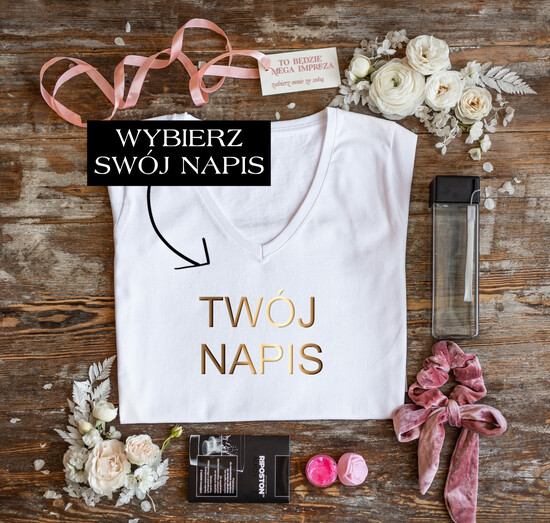 wieczór Panieński zestawy podziekowania na wieczór panieński Zestaw na wieczór Panieński  - Koszulka Dowolny Napis  - T-Shirt Złote litery Bidon i Frotka do włos 14/prezb/wp