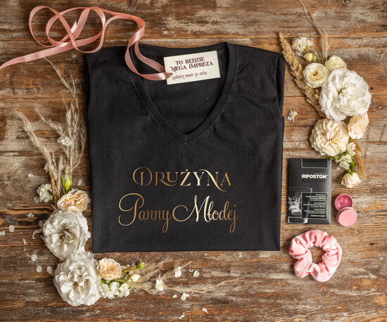 wieczór Panieński zestawy podziekowania na wieczór panieński Zestaw na wieczór Panieński  - Koszulka Drużyna Panny Młodej  - T-Shirt Złote litery  Frotka do włos 2/prez/wp