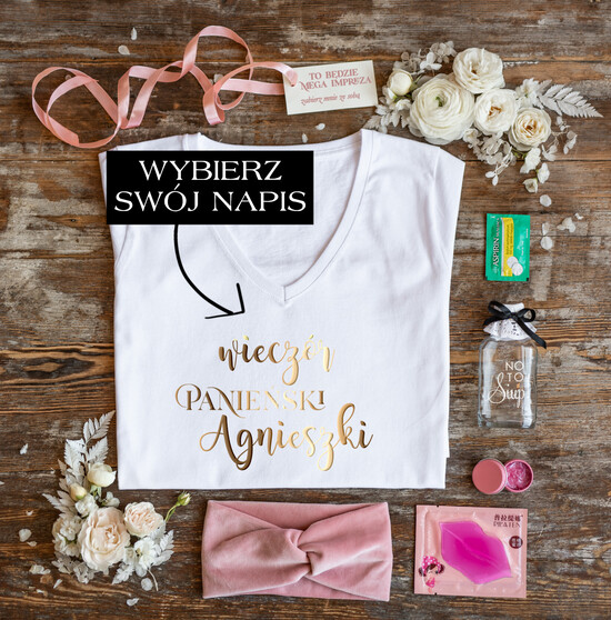 wieczór Panieński zestawy podziekowania na wieczór panieński Zestaw na wieczór Panieński  - Koszulka ze Złotym Napisem - T-Shirt Złote litery Welurowa Opaska  7/prezb/wp
