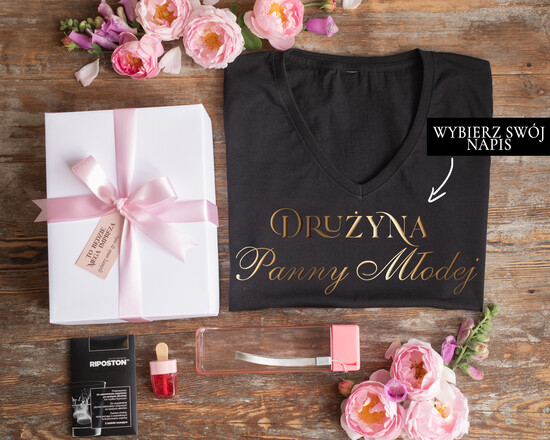 wieczór Panieński zestawy podziekowania na wieczór panieński Koszulka z Napisem na Wieczór Panieński T-shirt w zestawie Box prezentowy na panieński  03/koszulkaBoxSR/wpan