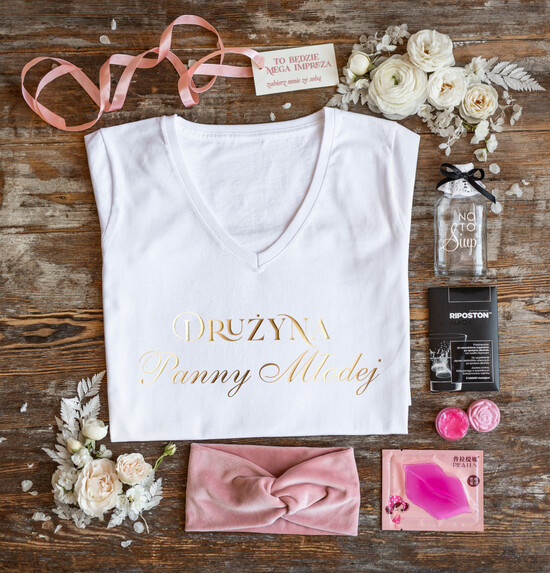 wieczór Panieński zestawy podziekowania na wieczór panieński Zestaw na wieczór Panieński  - Koszulka ze Złotym Napisem Drużyna Panny Młodej - T-Shirt Złote liter 13/prezb/wp