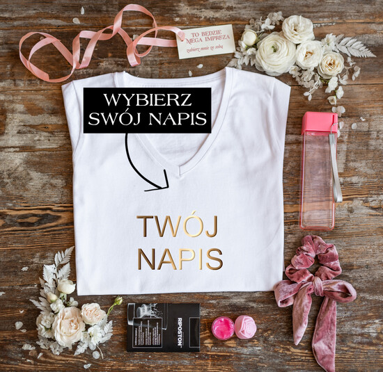 wieczór Panieński zestawy podziekowania na wieczór panieński Zestaw na wieczór Panieński  - Koszulka Dowolny Napis  - T-Shirt Złote litery Bidon i Frotka do włos 10/prezb/wp