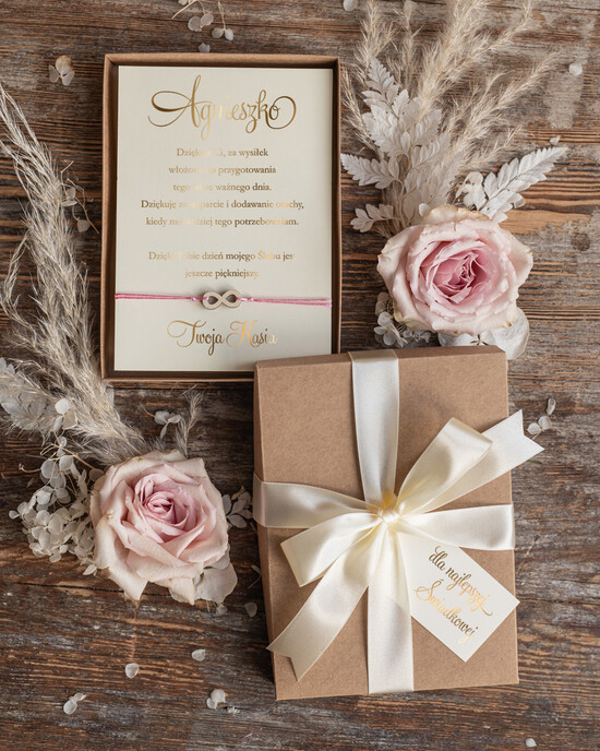 Prezenty dla świadków podziękowania dla świadkowej Podziękowanie  dla Świadkowej Kartka w pudełeczku Bransoletka nieskończoność w pudełeczku  04/BRApud/swiadkowa