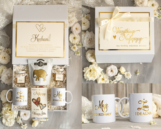  Prezenty dla Młodej Pary  Zestawy z Filiżanką lub Kubkiem Pomysł na prezent ślubny dla Młodej Pary, co dać zamiast kwiatów Parze Młodej, Kubki dla Nowożeńców, 02/boxKuKb/MP