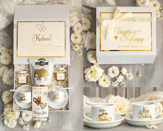  Prezenty dla Młodej Pary  Zestawy z Filiżanką lub Kubkiem Pomysł na prezent ślubny dla Młodej Pary, co dać zamiast kwiatów Parze Młodej, Kubki dla Nowożeńców, 02/boxFILnBk/MP