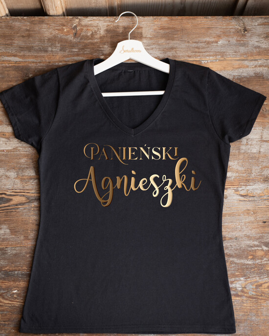 Prezenty dla Panny Młodej  Koszulka na Wieczór panieński  Presonalizowana Koszulka z Napisem na Wieczór Panieński T-shirt Złoty Napis Panieński Imię Panny Mlo 19/glam/KOszDWP