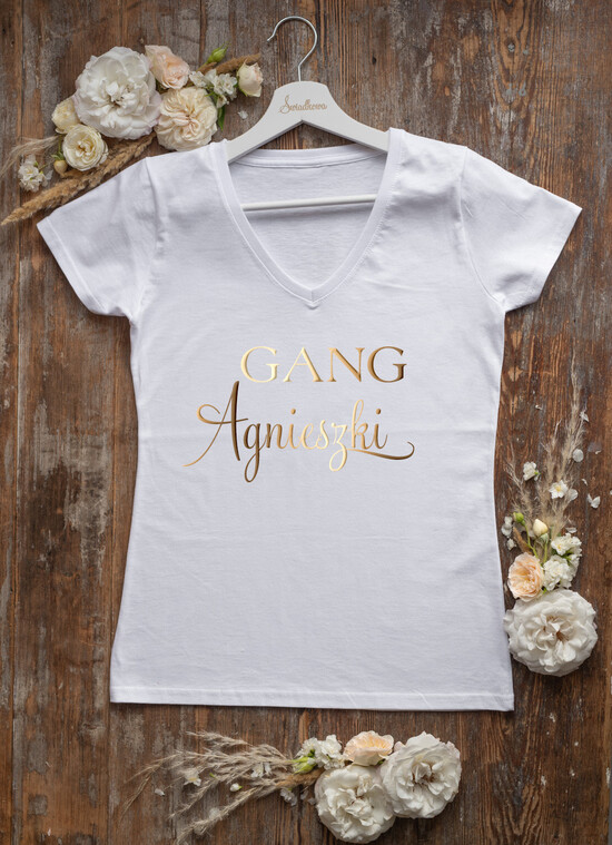 Prezenty dla Panny Młodej  Koszulka na Wieczór panieński  Bawełniana Koszulka Z Napisem Na Wieczór Panieński T-Shirt Złoty Napis Gang Agnieszki  1/glamb/KOszDWP