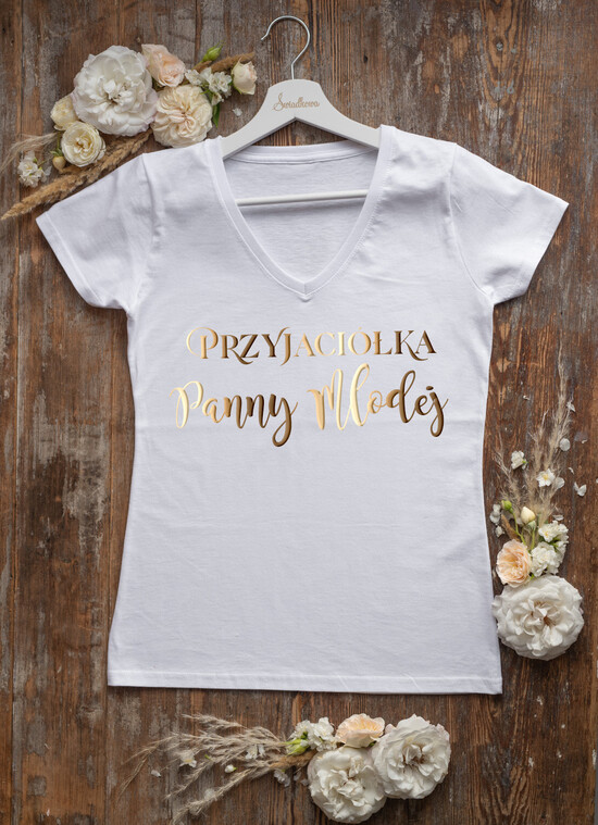 Prezenty dla Panny Młodej  Koszulka na Wieczór panieński  Bawełniana Koszulka Z Napisem Na Wieczór Panieński T-Shirt Złoty Przyjaciólka Panny Młodej  6/glamb/KOszDWP