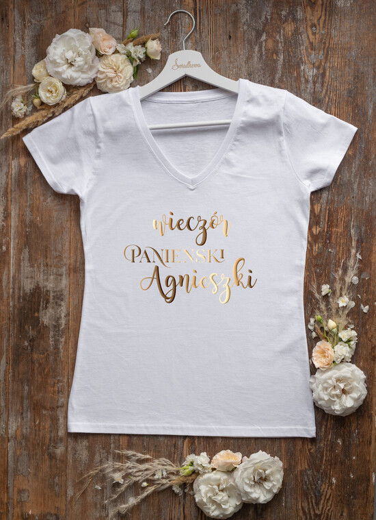 Prezenty dla Panny Młodej  Koszulka na Wieczór panieński  Personalizowana Koszulka Z Napisem Na Wieczór Panieński  Bawełniany T-Shirt Złoty Wieczór Panieński  10/glamb/KOszDWP