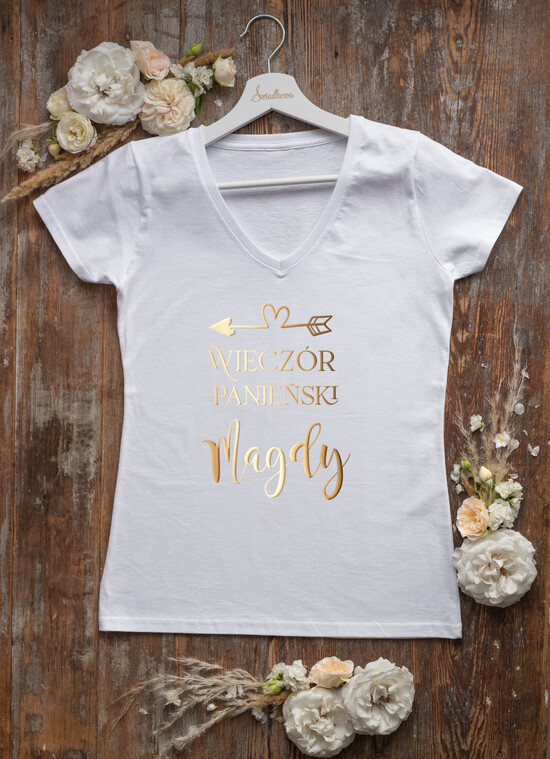 Prezenty dla Panny Młodej  Koszulka na Wieczór panieński  Personalizowana  Koszulka Z Napisem Na Wieczór Panieński T-Shirt Złoty Napis Imię Panny Młodej 17/glamb/KOszDWP