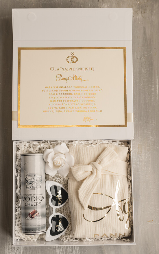 Prezenty dla Panny Młodej  Zestawy ze Szlafrokiem pomysł na prezent dla Panny Młodej, gotowy prezent dla Panny Młodej, szlafrok dla Panny Młodej, prez 01/boxNowSz/PannaMloda