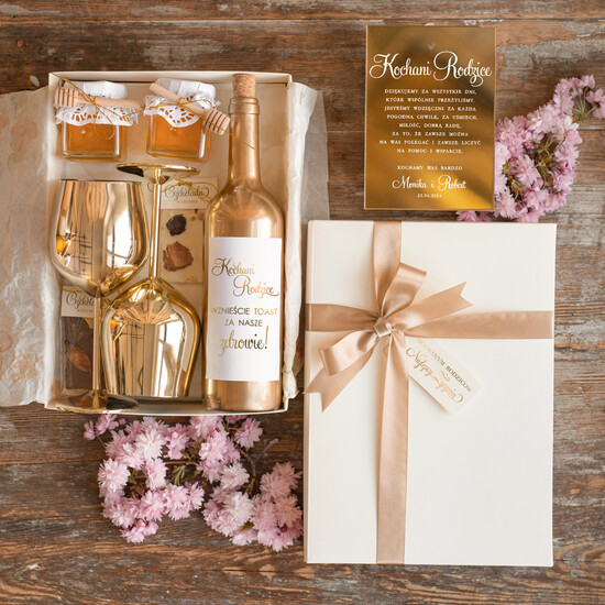 Prezenty, Podziękowania dla Rodziców zestawy prezentowe do wina i szampana  Podziękowania dla rodziców kosze, pudełko ze złotymi kieliszkami do wina, eleganckie podziękowania d 02/BOXwinD/Rodzice