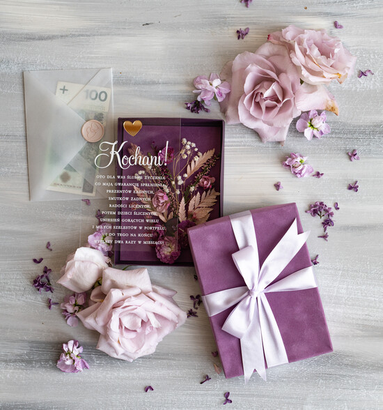  Prezenty dla Młodej Pary  flowerbox, kartki z życzeniami, pudełka na prezenty Welurowe opakowanie na pieniądze na prezent ślubny, Pamiątka Ślubu wraz z zyczeniami pudełko na pien 01/boxPV/ParaMloda