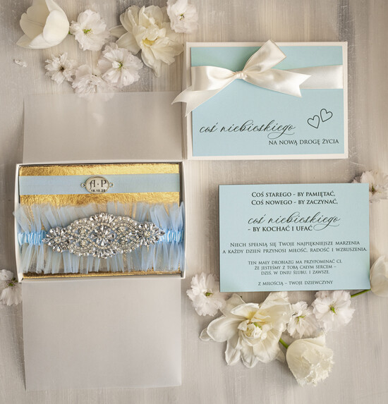 Prezenty dla Panny Młodej  podwiązki ślubne  Prezent dla Panny Młodej od Świadkowej, zestaw prezentowy na panieński zyczenia, cos niebieskiego po 01/NPDWpuKR/pPPM