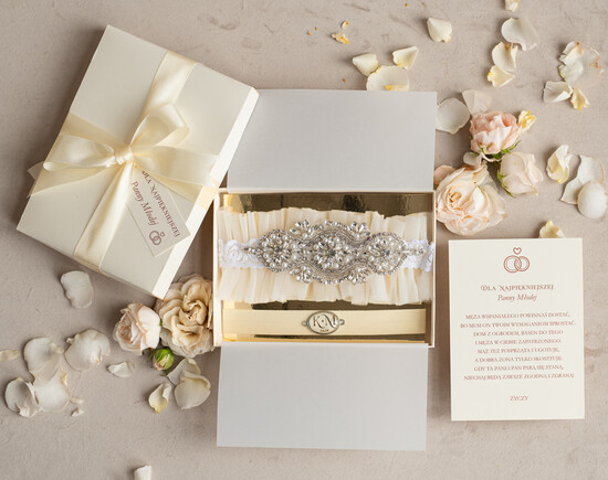 Prezenty dla Panny Młodej  podwiązki ślubne  Zestaw dwóch podwiązek ślubnych dla panny młodej w pudełeczku z kartką, box prezentowy na wieczór pa 06/boxTPodw/PannaMłoda