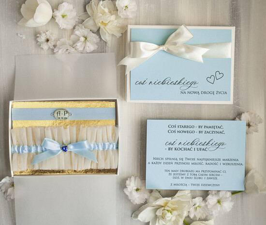 Prezenty dla Panny Młodej  podwiązki ślubne  Prezent dla Panny Młodej od Świadkowej serduszko szafirek zestaw prezentowy na panieński, cos niebie 05/NPDWpuPdd/pPPM