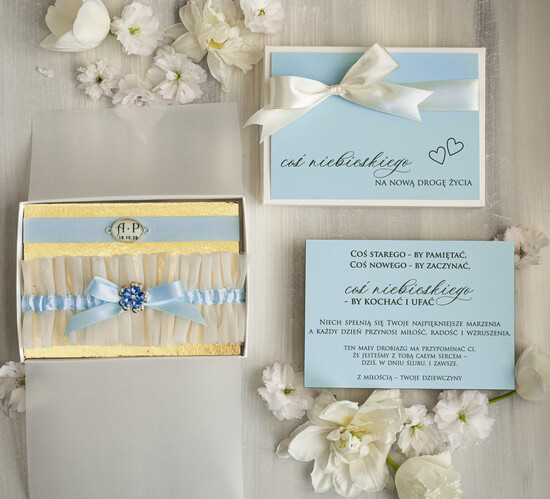 Prezenty dla Panny Młodej  podwiązki ślubne  Prezent dla Panny Młodej od Świadkowej serduszko szafirek zestaw prezentowy na panieński, cos niebie 06/NPDWpuPdd/pPPM