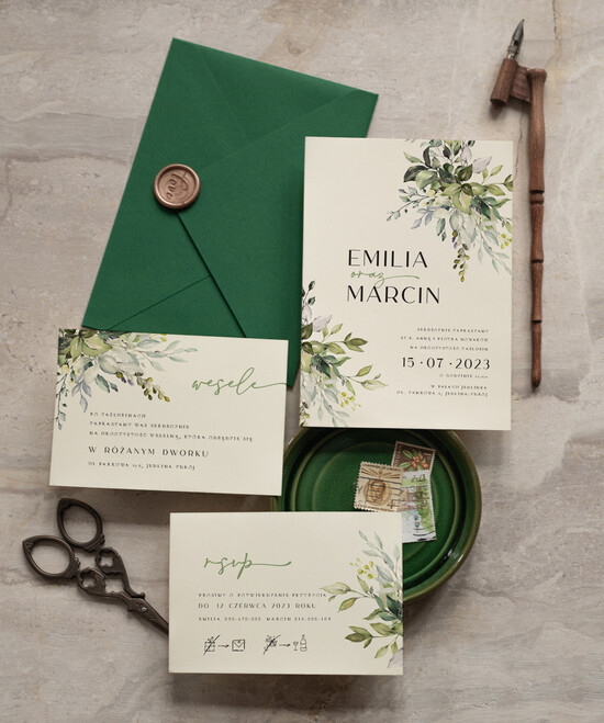 Zaproszenia ślubne Proste i Nowoczesne  rustykalne zaproszenia slubne, eleganckie zaproszenia na ślub zielone, delikatne zaproszenia ślubne, 56/Now/z