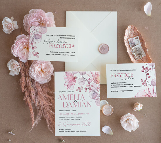 Zaproszenia ślubne Proste i Nowoczesne  delikatne zaproszenia ślubne w kolorze różu, proste zaproszenia na ślub i wesele, delikatne zaprosze 05/Now/z