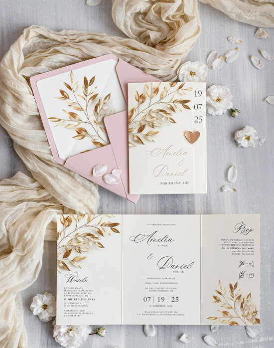 Zaproszenia ślubne Proste i Nowoczesne  składane zaproszenia na ślub i weselne, delikatne zaproszenie ślubne ze złotym serduszkiem, proste z 08/skl3S/z25