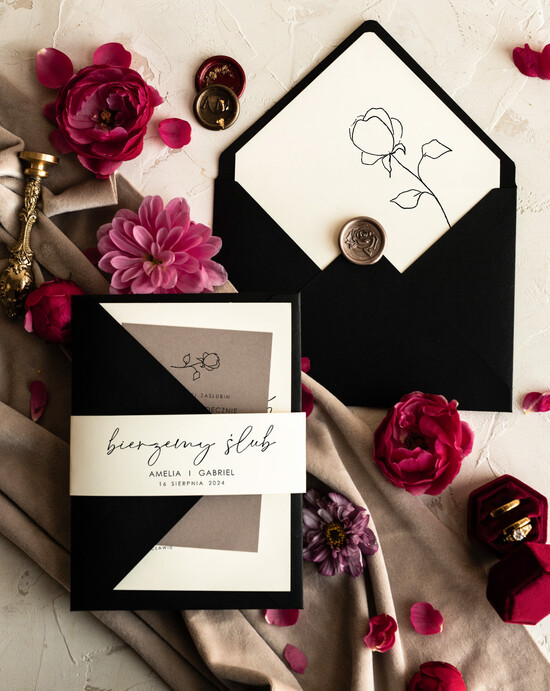 Zaproszenia ślubne Proste i Nowoczesne  nowoczesne zaproszenia slubne w kolorze ecru z czarna kopertą, proste zaproszenia na ślub, delikatne 01/NowOw/z