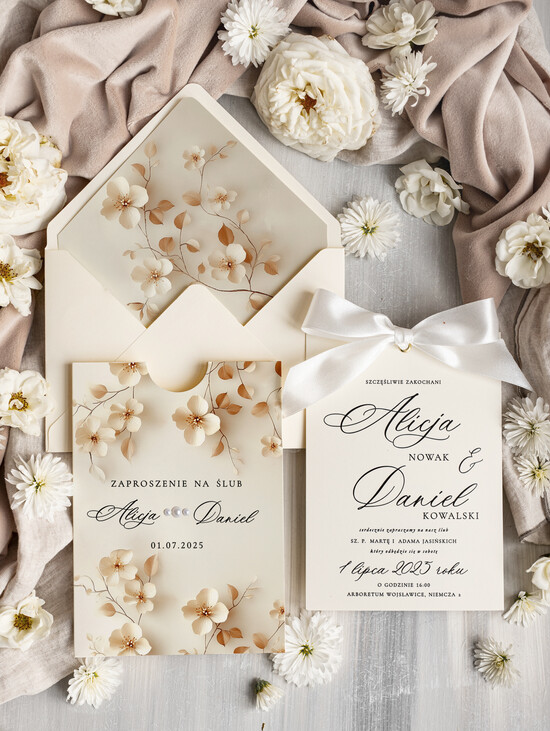 Zaproszenia ślubne Proste i Nowoczesne  oryginalne zaproszenia na ślub w kieszonce, eleganckie zaproszenie ślubne ze wstążką, kwiatowe zapro 01/KieszWs/z25