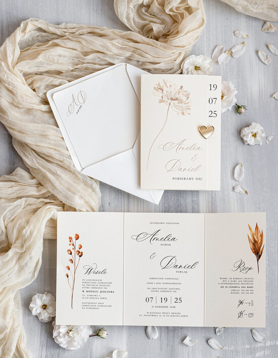Zaproszenia ślubne Proste i Nowoczesne  eleganckie zaproszenia na ślub i weselne, delikatne zaproszenie ślubne ze złotym serduszkiem, proste 14/skl3S/z25