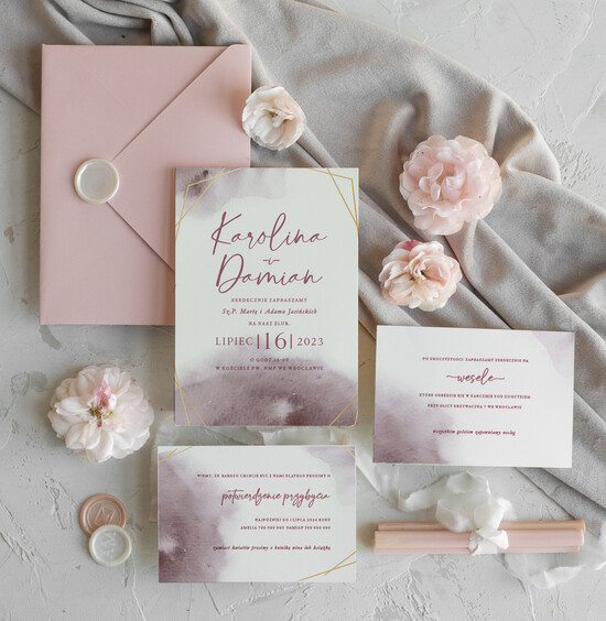 Zaproszenia ślubne Proste i Nowoczesne  nowoczesne zaproszenia slubne pudrowy róż, eleganckie zaproszenia na ślub, delikatne zaproszenia ślu 55/Now/z