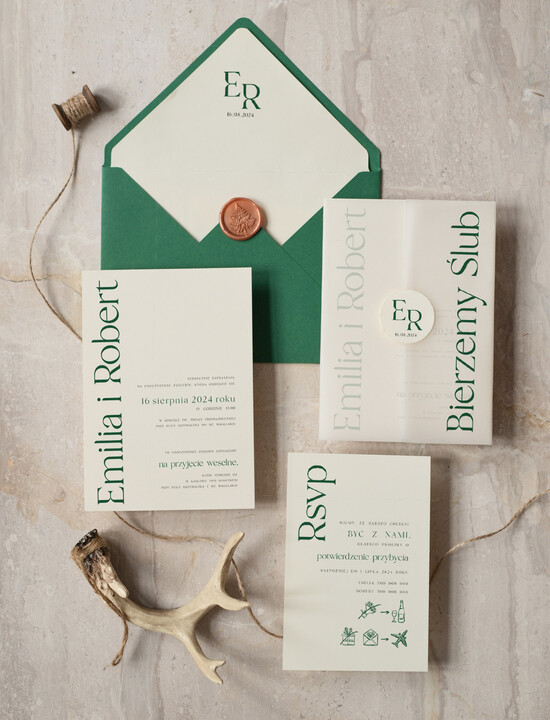 Zaproszenia ślubne Proste i Nowoczesne  zielone eleganckie zaproszenia slubne minimalistyczne zaproszenia na ślub w zieleni delikatne zapros 02/NowKal/z