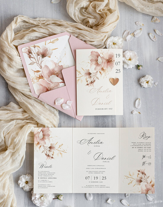 Zaproszenia ślubne Proste i Nowoczesne  Eleganckie zaproszenia na ślub i weselne, delikatne zaproszenie ślubne ze złotym serduszkiem, proste 07/skl3S/z25