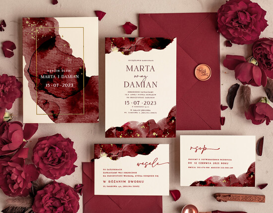 Zaproszenia ślubne Proste i Nowoczesne  bordowe zaproszenia ślubne, nowoczesne zaproszenia slubne, delikatne zaproszenia na slub, proste wzo 51/Now/z