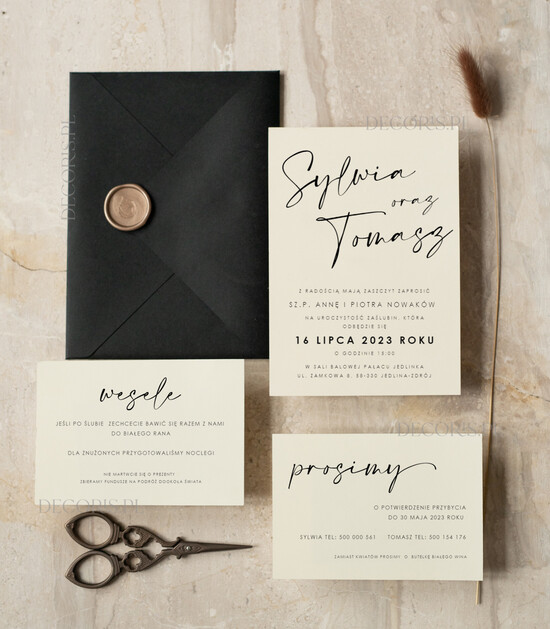 Zaproszenia ślubne Proste i Nowoczesne  zaproszenia ślubne z czarną kopertą, minimalistyczne zaproszenia na ślub i wesele, delikatne zaprosz 77/Now/z24